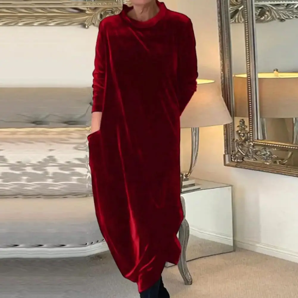 

Women Dress Round Neck Loose Long Sleeve Dress Soft Pullover Warm Mid-calf Length Lady Casual Midi Dress