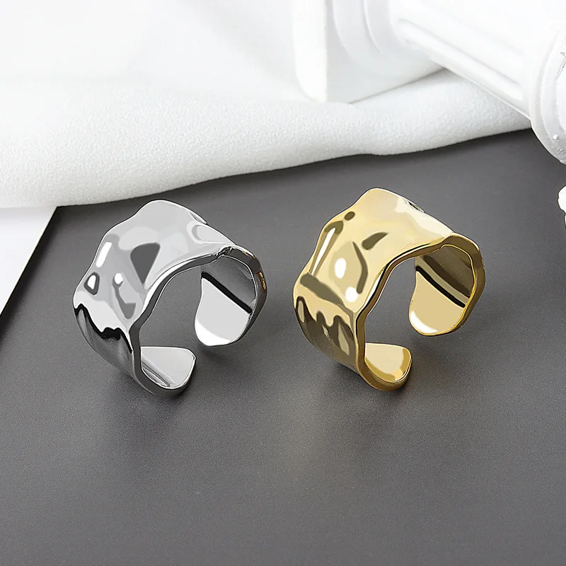 Yerik Silberfarbener unregelmäßiger handgefertigter Ring für Damen und Herren, kreativ, geometrisch, breit, Anillos, Schmuck, Geschenke, Größe 16,5 mm, verstellbar – Detail 14