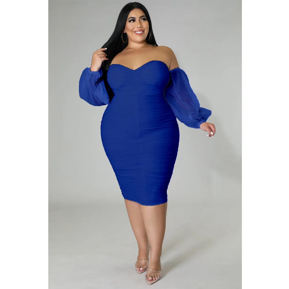 Plus Size Elegant Dress Women Mesh Off Shoulder Cloth Female Pretty Casual New Luxury Robe 2023 Summer Sale Evening Party Dress