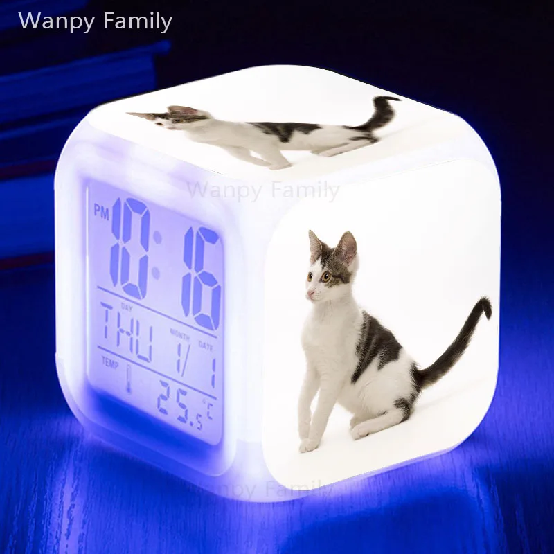 Pet Cat Led Alarm Clock 7 Color Change Flash Digital Clock Lcd Large