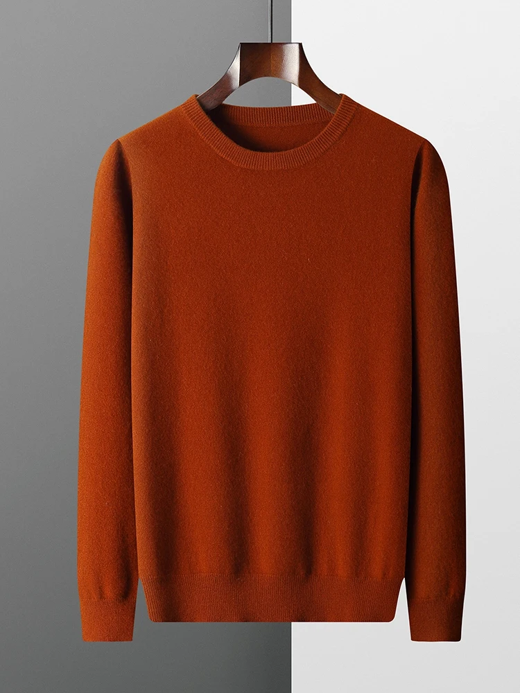100% Pure Wool Sweater Men's Round Neck Pullover Tops Autumn and Winter Thin Solid Color Sweater Versatile Basic