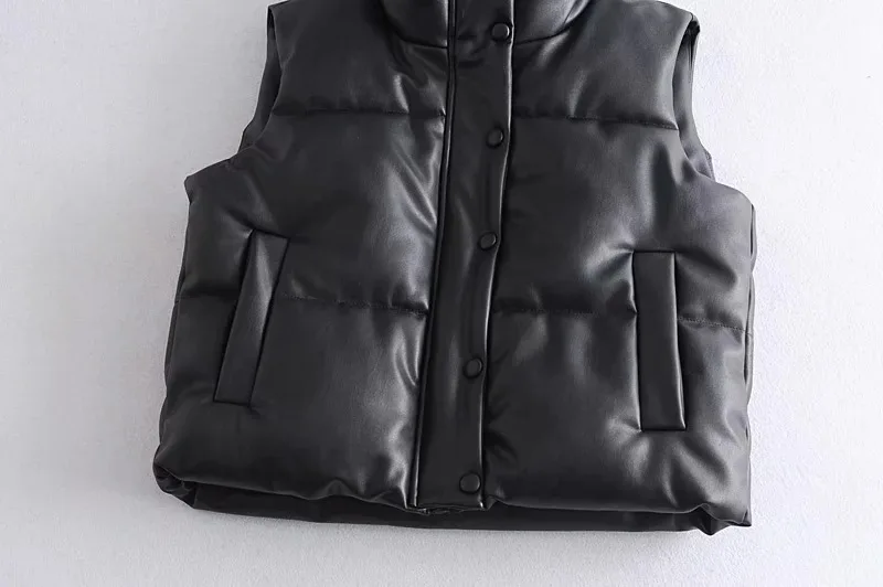 Autumn Winter PU Leather Coat Women Black Stand Collar Vests Women Fashion Zipper Elegant Short Vests Female Ladies 5