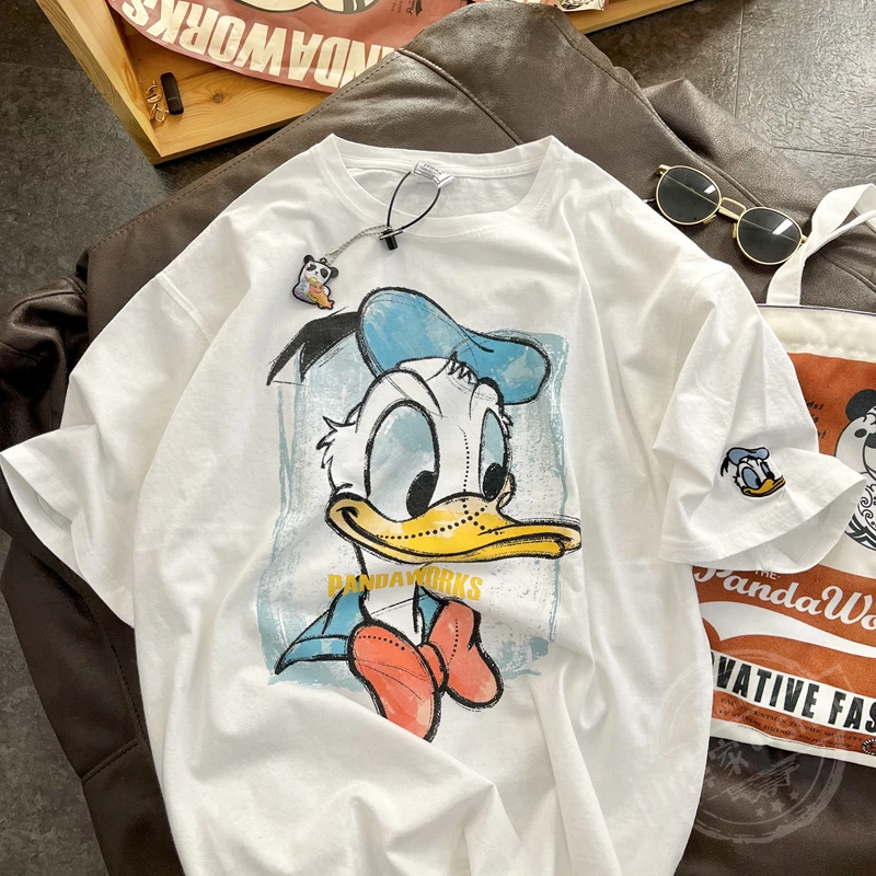 

Cartoon Donald Duck Trendy T Shirts for Women Cotton Short Sleeve Casual Loose White Gray Summer Women's Shirts Loose Female Top