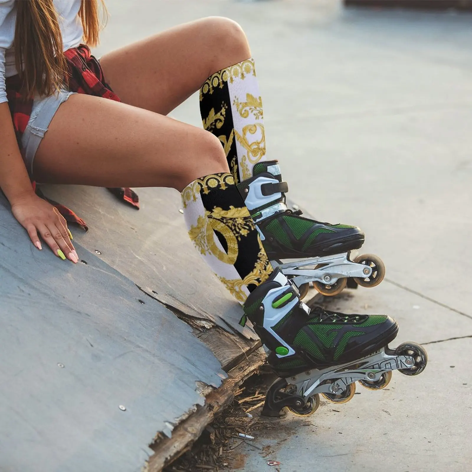 Baroque Greek ornament GoldenMeander Meandros VINTAGE Socks compression socks Women Men's socks with print Christmas