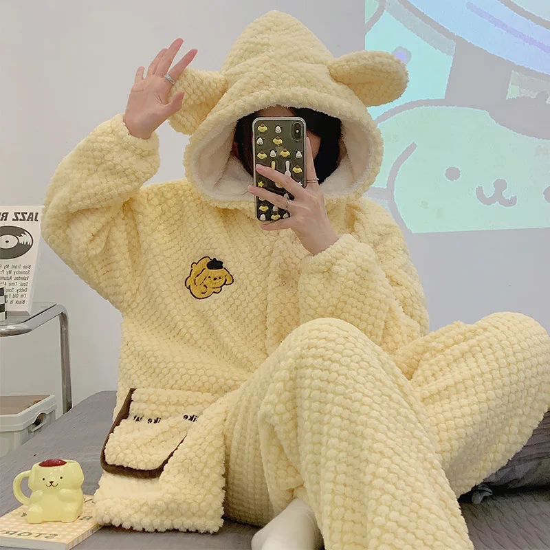 

Kawaii Pajamas Sanrio Pompom Purin Cartoon Anime Winter Thickened Warm Coral Velvet Facecloth 2Pcs Sets Comfortable Loungewear