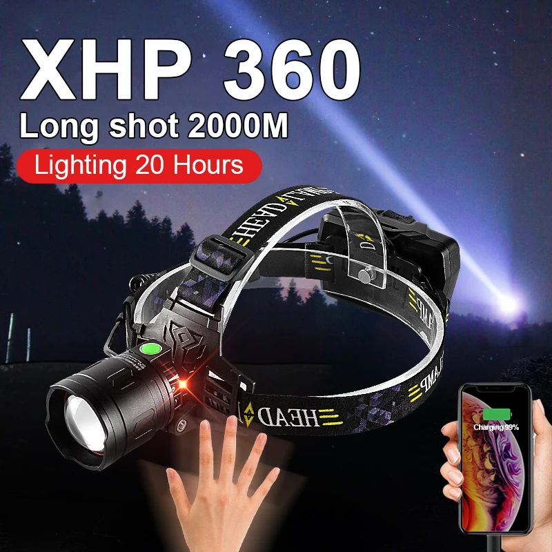 Lampe frontale Led puissante et Rechargeable XHP360, torche à