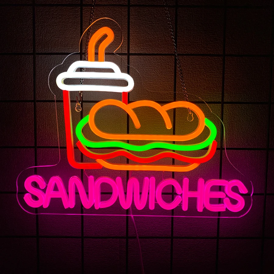 샌드위치 LED 네온사인, 고메 버거 콜라 아이콘 비즈니스 간판, 패스트푸드 레스토랑, 레스토랑 및 상점 창문 장식.