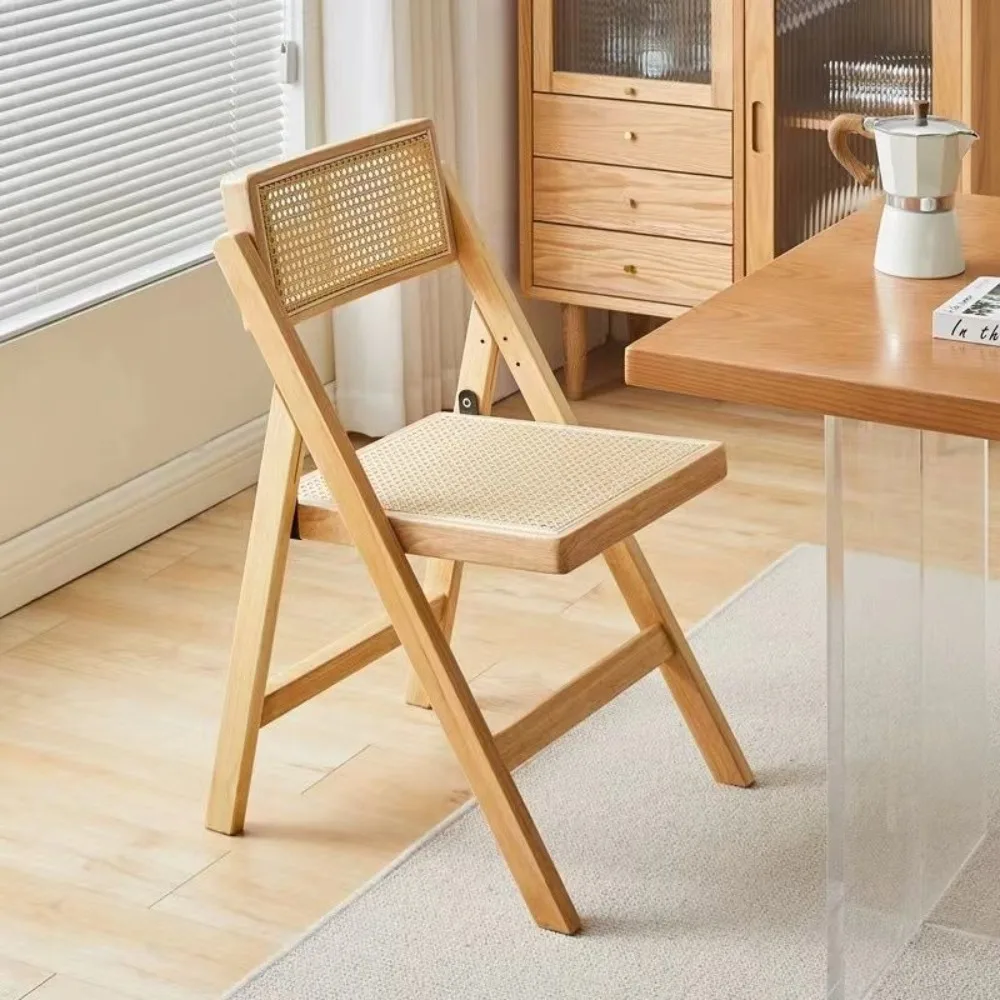 Wabi Stillwind Rattan Chair Household Folding Nanzhu Solid Wood Stool Backrest Dining Chair Nordic Log Wind Eating