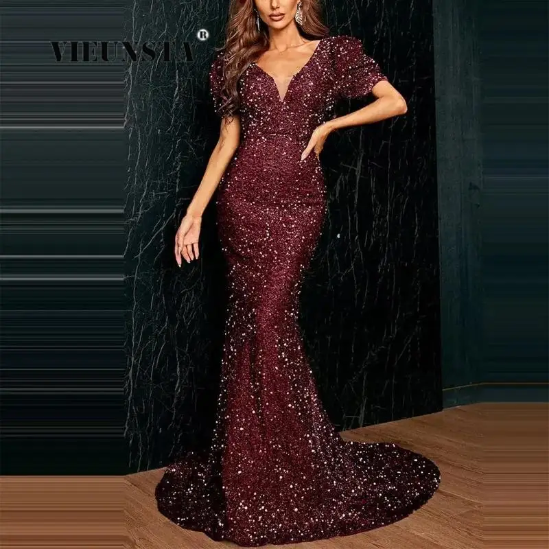 

Women Sexy Backless Bow Long Evening Dress Elegant Bodycon Glitter Party Dresses Lady Banquet V-neck Wrap Hip Sequins Maxi Dress