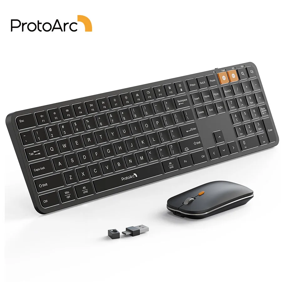 

ProtoArc KM100 Wireless Keyboard and Mouse Ultra Slim White LED Backlit Rechargeable Ergonomic Office Combo for Windows Mac PC