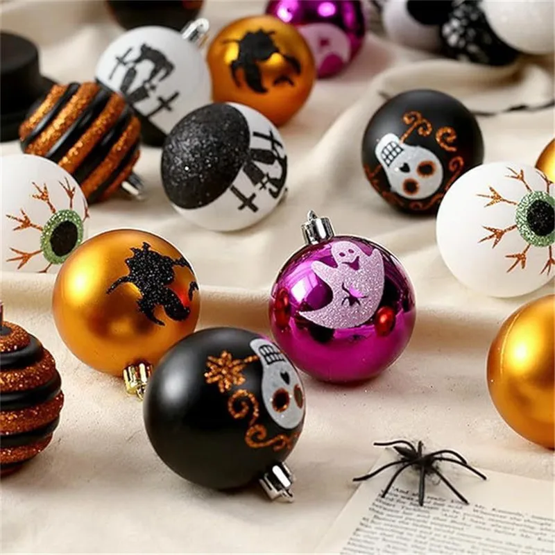 6pcs Halloween Ball Hanging Decoration Skull Painted Plastic Balls Painted Horror Skull Plastic Ball Tree Hanging Ornament