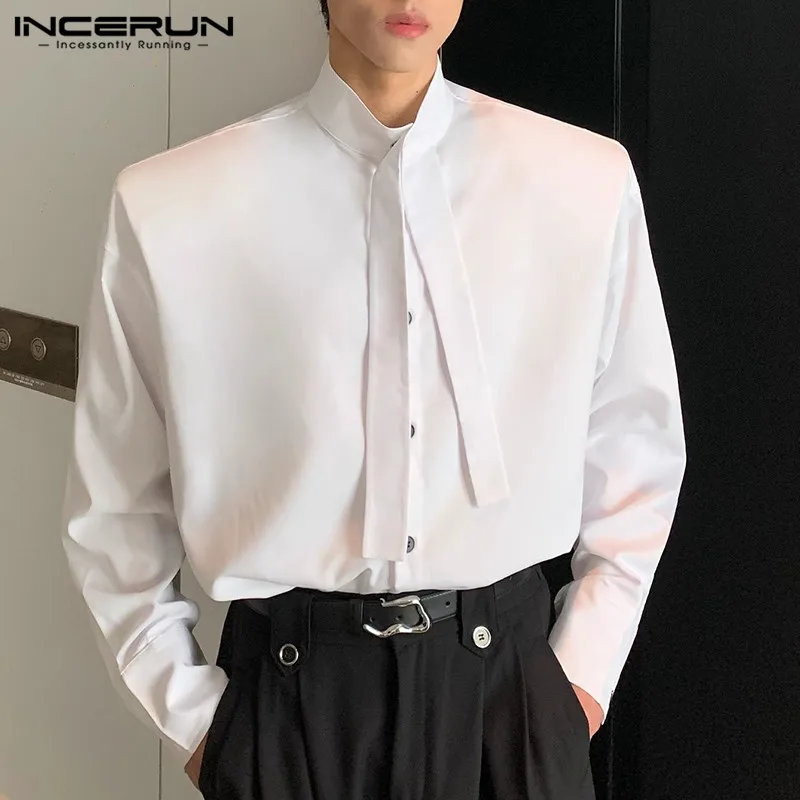 INCERUN 남성용 올 매치 상의, 솔리드 활 타이 디자인 블라우스, 세련된 스트리트웨어, 숄더 패드, 긴팔 셔츠, S-5XL 2024