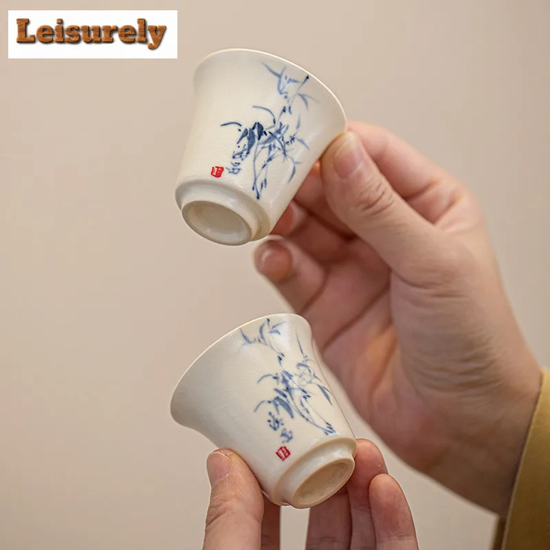 2pc/lot Hand-painted Bamboo Leaf Teacup Zen Soda Glazed Tea Bowl Tea Cup Set Mini Smelling Cup Chazhan Master Cups Teaset 45ML