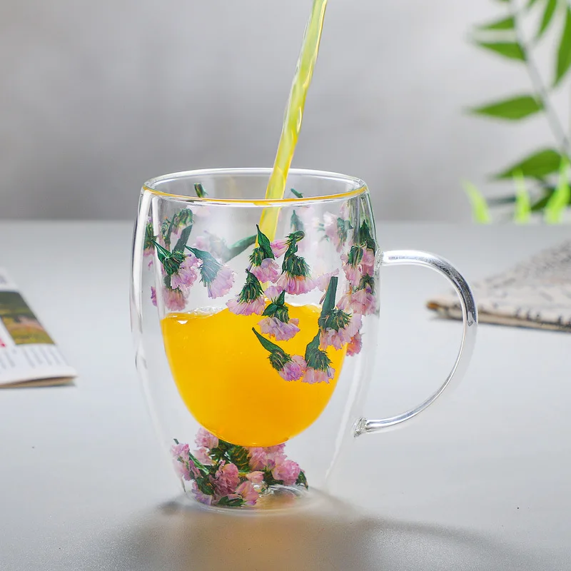 YWDL Double Wall Glass Coffee Mugs Double Insulated Glass Cup 350ml Flower Design For Girl Gift Christmas Present