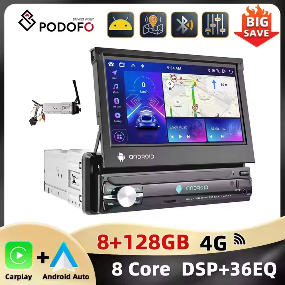 Podofo-REPRODUCTOR Multimedia con pantalla retráctil para coche, autorradio estéreo 1DIN de 7 pulgadas, 8 + 128G, 8 núcleos, Carplay, Android, WIFI, navegación GPS 1