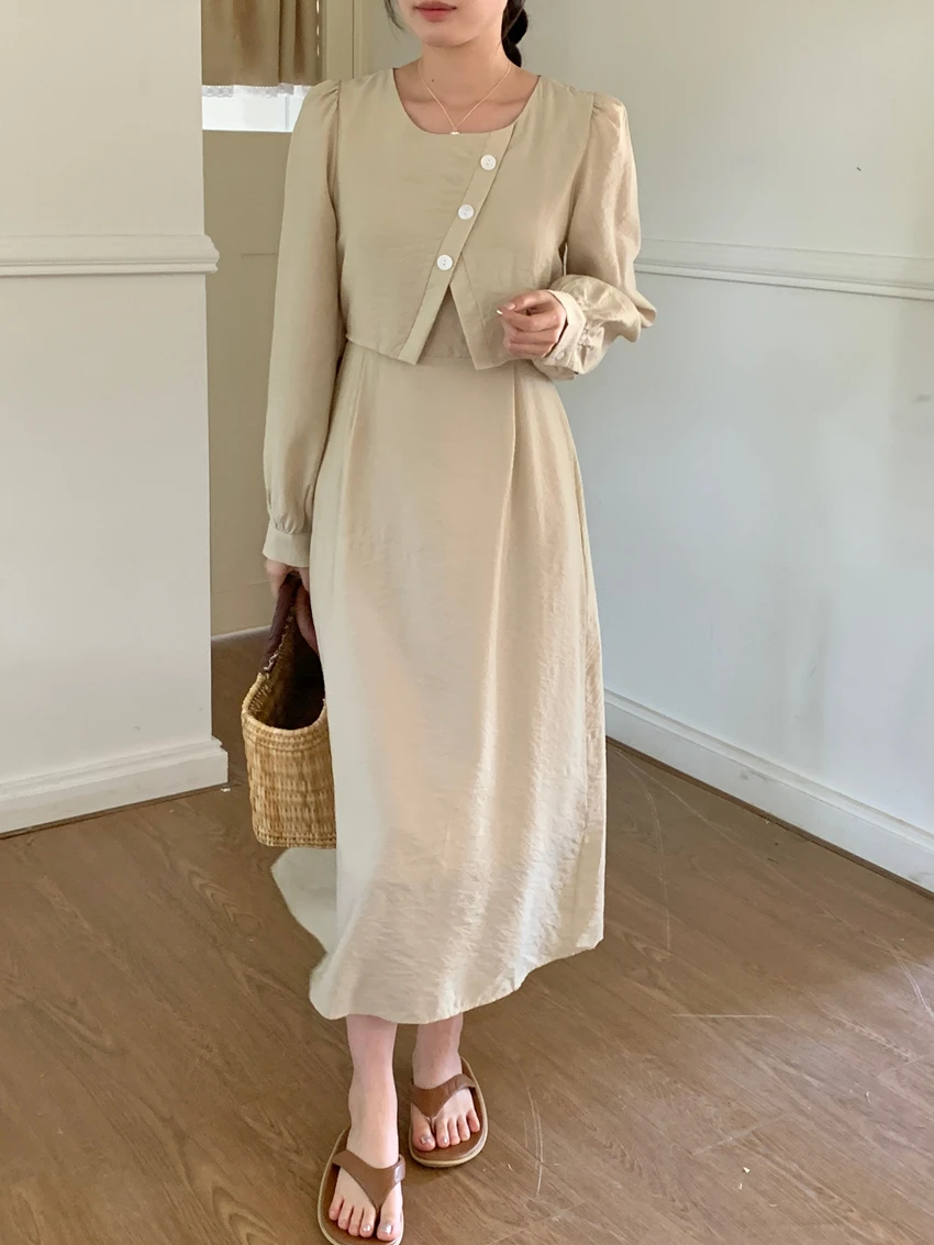 Sommer neue einfarbige schlanke Frauen Kleid süße Damen Frau Freizeit kleid lose Retro gefälschte zweiteilige lang ärmel ige Kleid weiblich – Detail 19
