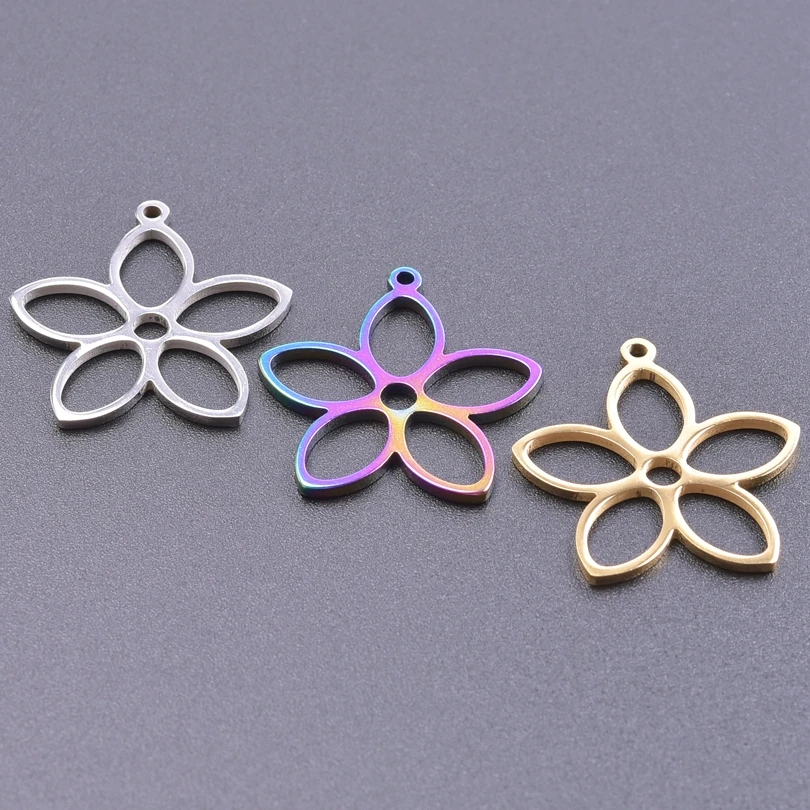

5pcs/Lot Stainless Steel Simple Peach Blossom Pear Blossom Plant Hollow Pendant Three Color Charms For Keychain Making Supplies
