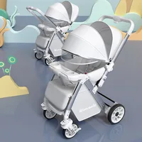 Poussette pour bébé pliable, tige de poussée bidirectionnelle, quatre roues, absorbant les chocs, landau avec moustiquaire 3