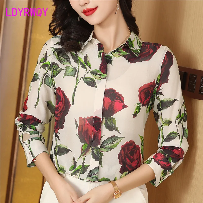 

Весна 2024, новая французская винтажная шелковая рубашка с длинным рукавом и принтом роз