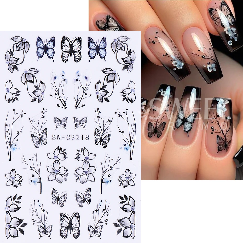 2pcs Elegant Flower Nail Art Stickers Retro Petals Leaf Vine Design Adhesive Nail Decals Sliders DIY Spring Manicure Decoration