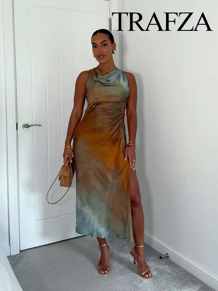 

TRAFZA Women Fashion 2024 Summer Satin Print Tie Dye Midi Dress Woman Evening Elegant Sleeveless Hem Folds Dresses Vestidos