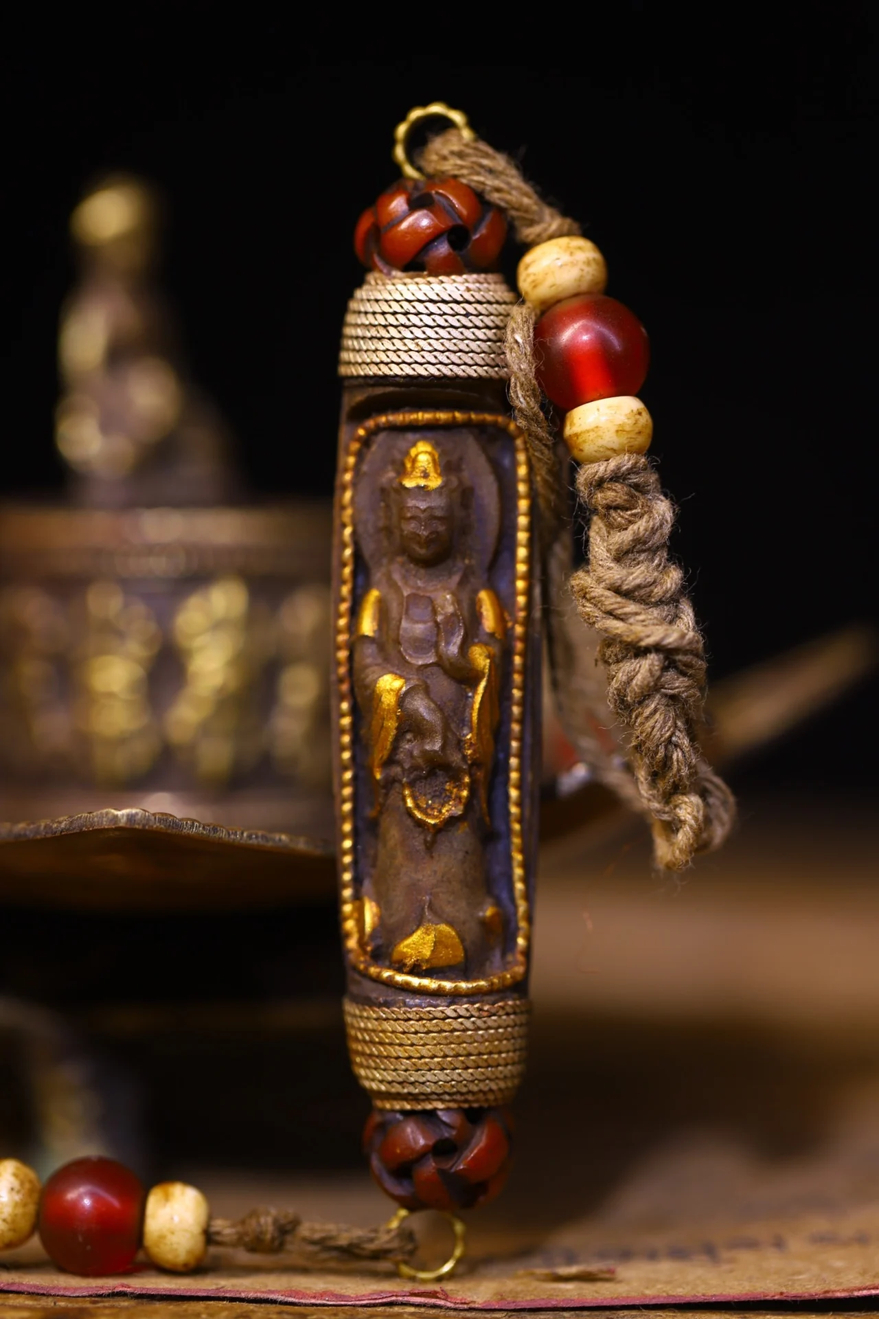 

3"Tibetan Temple Collection Old Natural Agate Filigree Mosaic Gem gZi Beads Guanyin Bodhisattva Buddha Pendant Amulet Dharma