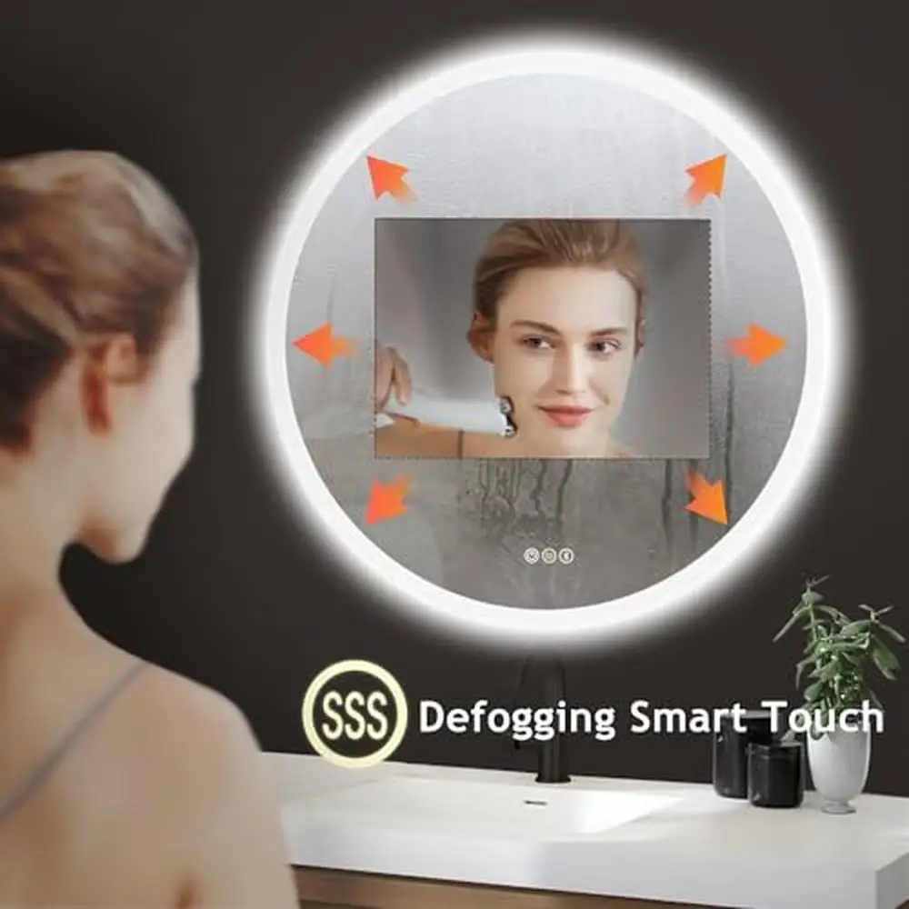 32'' Round LED Bathroom Vanity Mirror Backlit with Front Light Touch Control Bluetooth Speaker Anti-Fog Wall Mounted Makeup