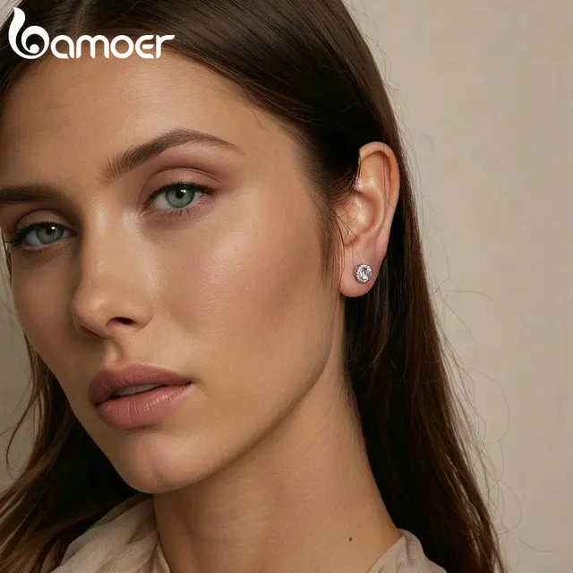 BAMOER Gold Plated Classic Halo Stud Earrings, 925 Sterling Silver Hypoallergenic Elegant Earrings Engagement Wedding Jewelry 4