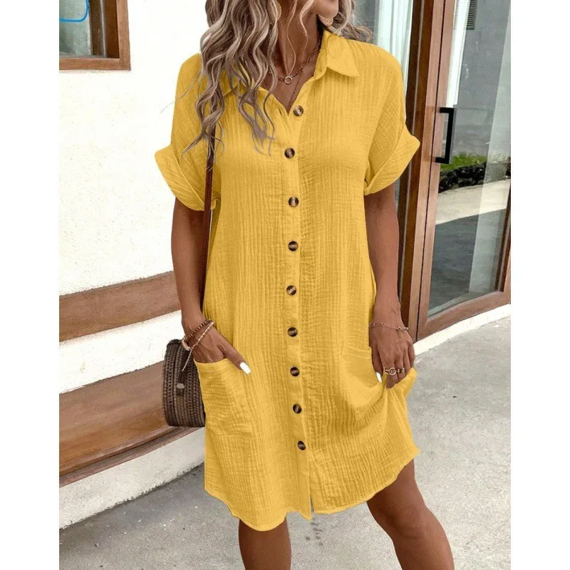 Summer New Minimalist Lapel Button Cotton Linen Dress with Pockets for Women's Fashionable Casual Shirt Skirt 739