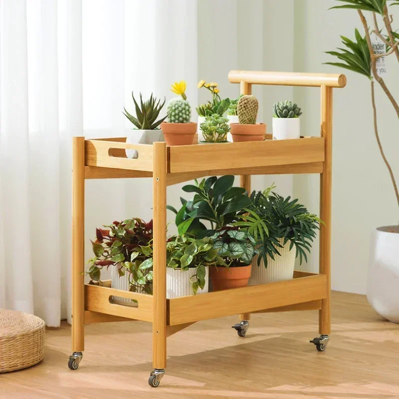 Simple Modern Double-Layer Bamboo Plant Stand Mobile Shelf Decoration with Tray Design Versatile Home Organizer Elegant Display