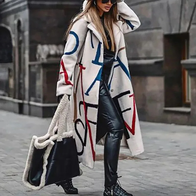 Loose Printed Letters Woolen Lapel Coat 2021 Fashion Casual Jacket Street Wear Elegant Ladies Autumn Winter New Women's Clothing 2021 new y2k printed heart shaped jeans mommy 2xl retro street women women s blue high stretch sexy skinny pencil jeans