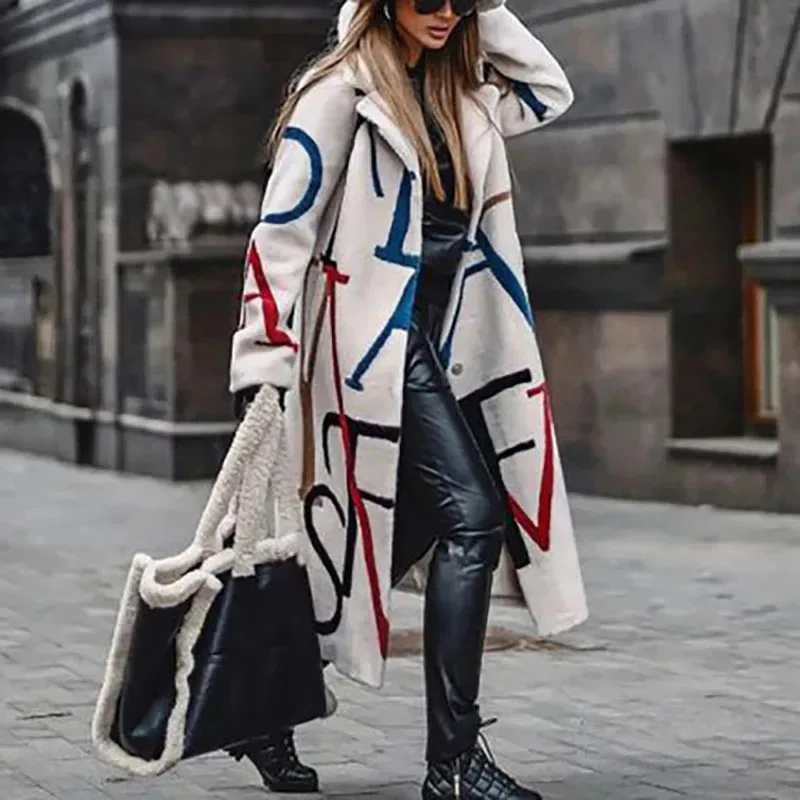 Loose Printed Letters Woolen Lapel Coat 2021 Fashion Casual Jacket Street Wear Elegant Ladies Autumn Winter New Women's Clothing