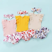 

2022 3Pcs Baby Girls Outfit Ribbed O-Neck Sleeveless Romper Floral Layered Pantie Headband for Toddler Girl Clothes 0-18 Months