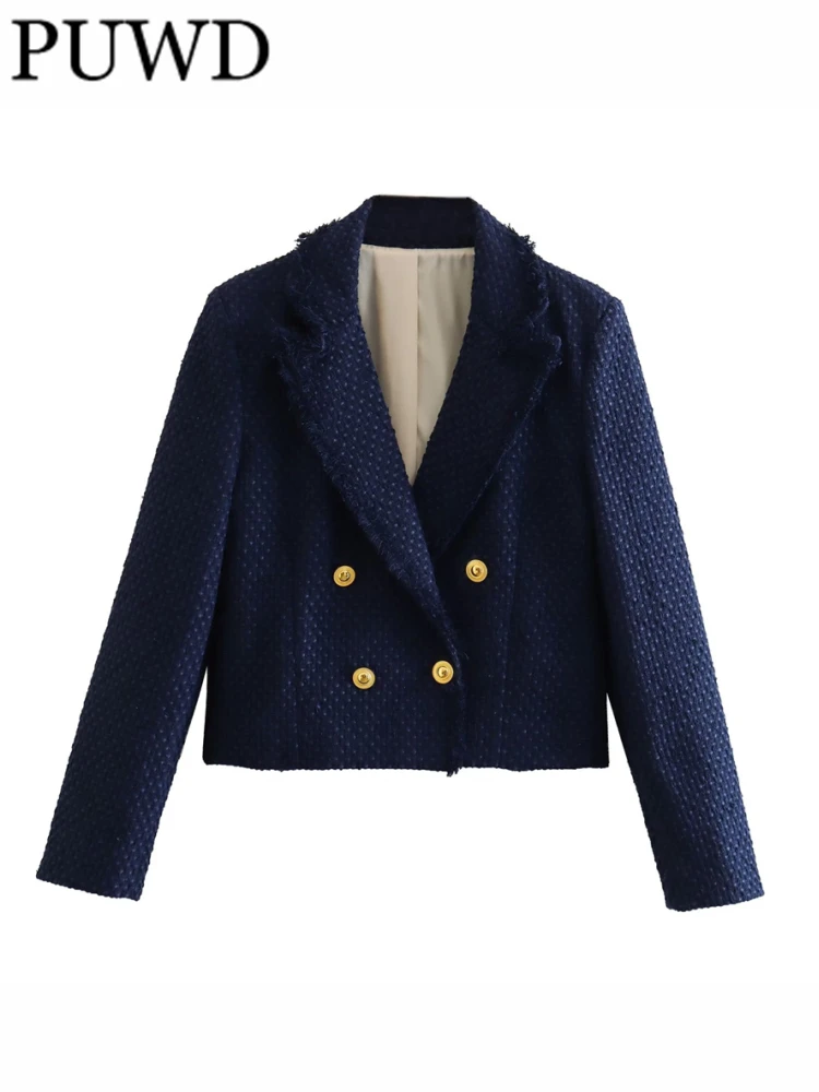 

PUWD Women Fashion Blue Textured Double-breasted Short Blazer Coat 2023 Summer Vintage Long Sleeves Female Outwears Chic