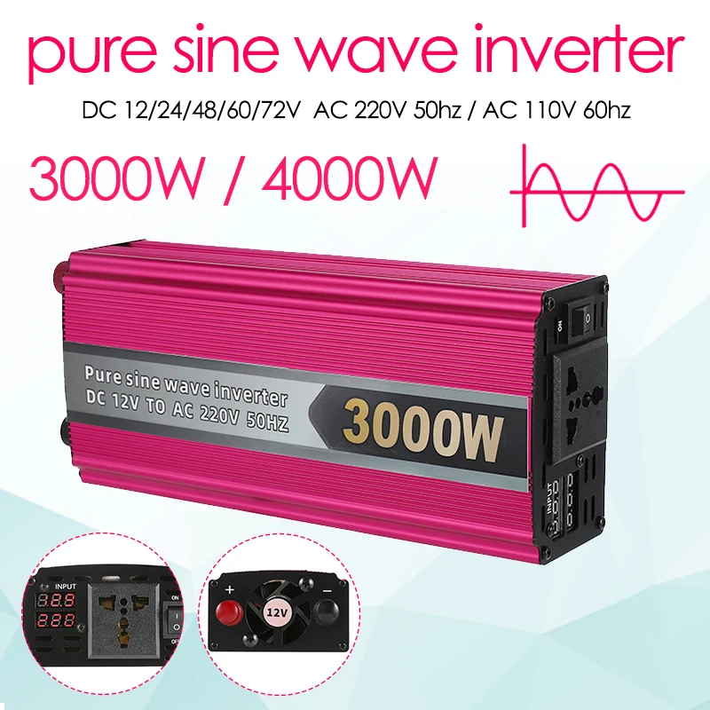 อินเวอร์เตอร์คลื่นไซน์บริสุทธิ์สำหรับรถยนต์ อินเวอร์เตอร์พลังงานแสงอาทิตย์ หม้อแปลงไฟฟ้า 3000W 4000W 6000W DC 12/24/48V เป็น AC 220V 110V ตัวแปลงแรงดันไฟฟ้า 1