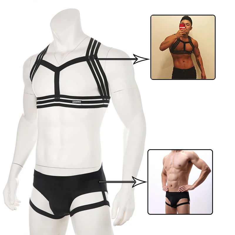 Men's Sexy Club Nightwear Erotic Neck Body Harness Flirt Fetish Costume Wetlook Hollowed Out Halter With Leg-Straps Briefs Set