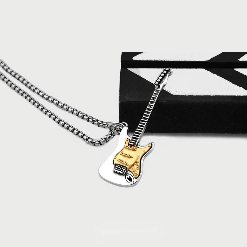 Collana con chitarra in acciaio e titanio argentato alla moda, stile punk femminile, personalità, versatile, alla moda, design di nicchia, catena per clavicola_voghion.com