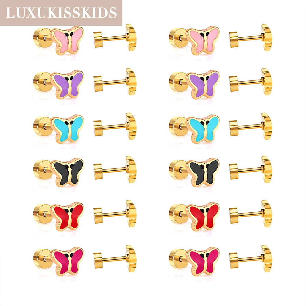 LUXUKISSKIDS Jewellery 12Pairs/Lots Cute Colorful Butterfly Girl Kids Earrings Set Screw Earring For Women Ears Jewelry Brincos