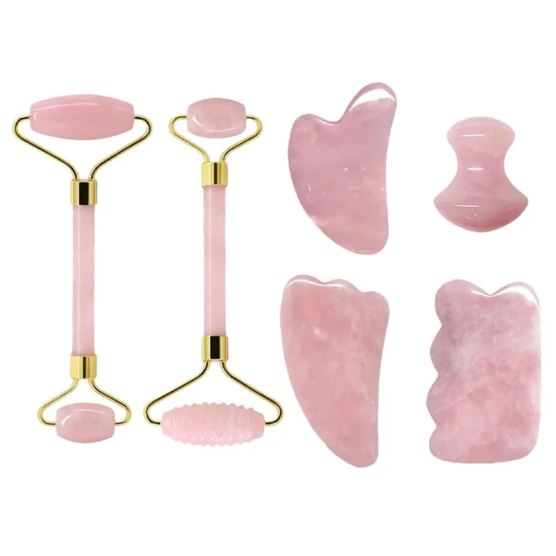 

Rose Quartz Face Jade Roller Massagers Guasha Set Gua Sha Tools Natural Stone Gouache Scraper For Facial Massage Beauty Tool