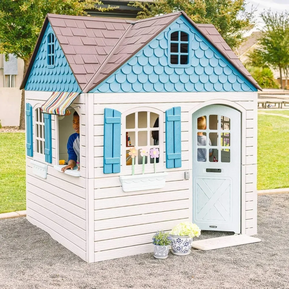 Heavy Duty Plastic Outdoor Playhouse,6ftx6ftx7 ft Tall , free shipping Beige & Blue Multipurpose Theater Suitable for courtyards 2
