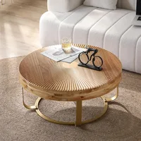 31.5 "Modern Circular Coffee Table with Handmade Wooden Radial Pattern, Cedar Tabletop, Gold Cross Legged Base 2
