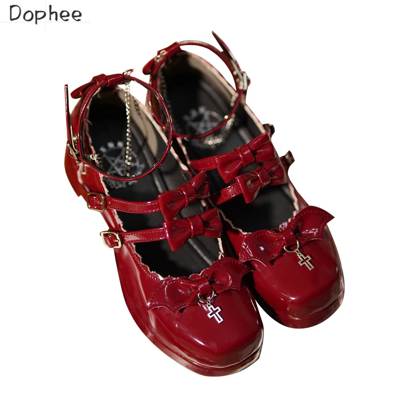 

Dophee Original Cute Girls Lolita Shoes for Women High Heels Japanese Wind Patent Leather Cross Bow Princess Shoes Halloween