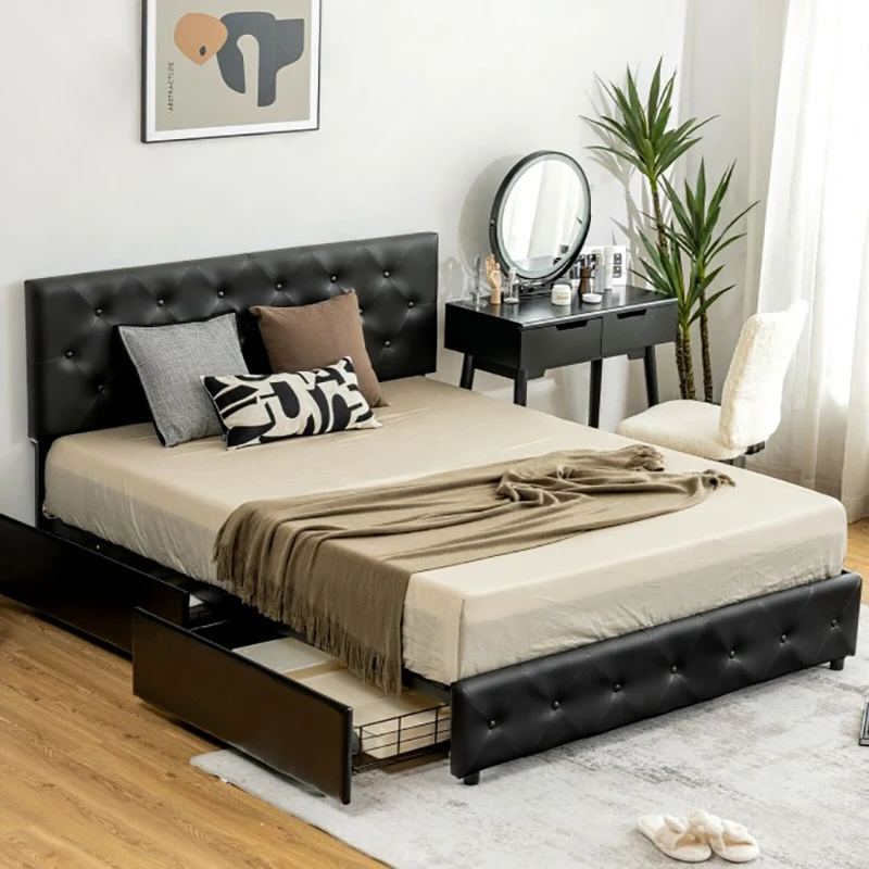 

Full/Queen PU Leather Upholstered Platform Bed with 4 Drawers Wooden Bed Frame Bedroom Furniture