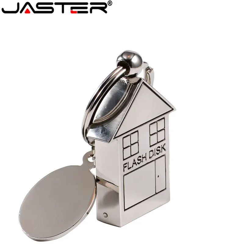 JASTER-사용자 정의 로고 USB 스틱 귀여운 금속 집 모양 USB 플래시 드라이브, 128 기가 바이트 USB 메모리 카드 64 기가 바이트 펜 드라이브 선물 무료 열쇠 고리