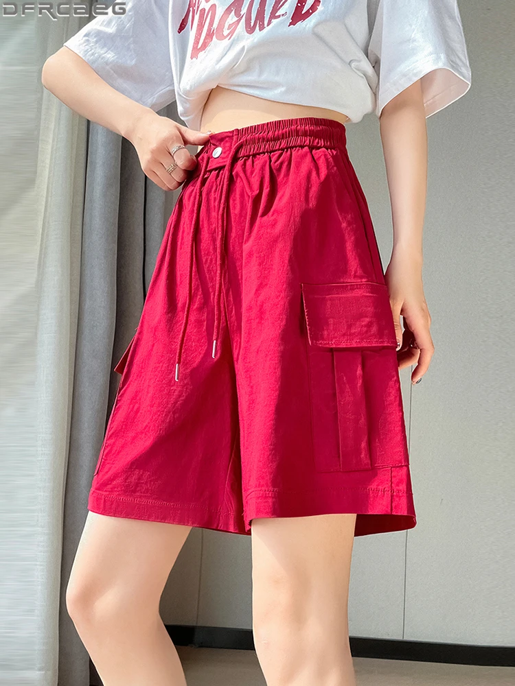 

Fashion Streetwear Summer Cargo Shorts Women Boyfriend Elastic High Waist Short Femme Pants Loose Wide Leg Bermuda Shorts Solid