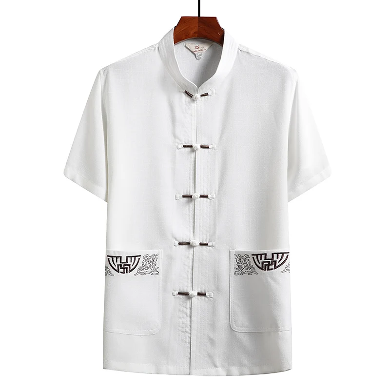 Cotton and Linen (Top + Pants) Elderly Men Gold Silk Pan Buckle Pocket Embroidered Tang Dress Han Dress Lay Tai Chi Suit Set
