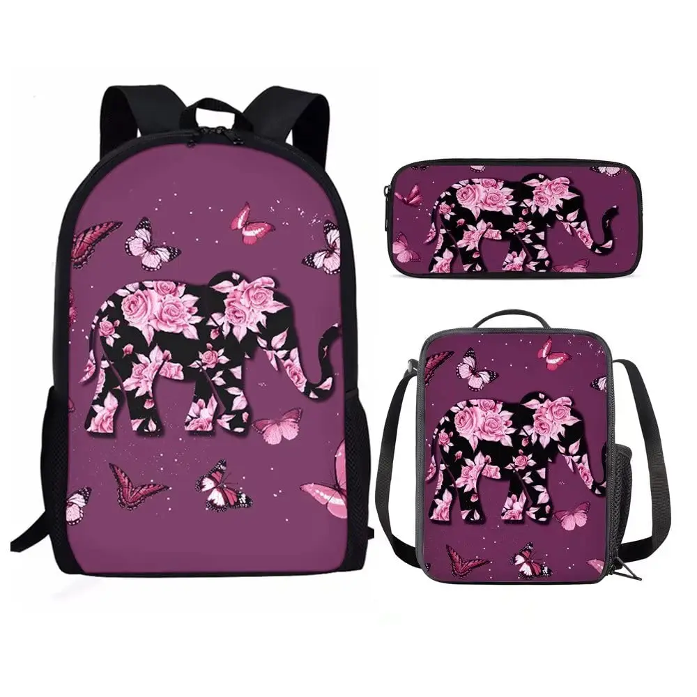 

Funny Elephant Floral Graphic Print 3 Piece Set School Bag Teenager Boys Girls Student Book Bag with Lunch Bag and Pencil Bag