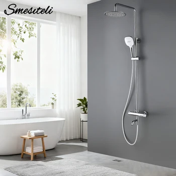 ระบบฝักบัวแบบเทอร์โมสแตติก Smesiteli ฝักบัวแบบเรนชาวเวอร์ พร้อมโหมดฉีดพ่น 3 แบบ ฝักบัวมือถือ ติดผนัง ชุดก๊อกน้ำฝักบัวประหยัดน้ำ สีโครเมียม 1