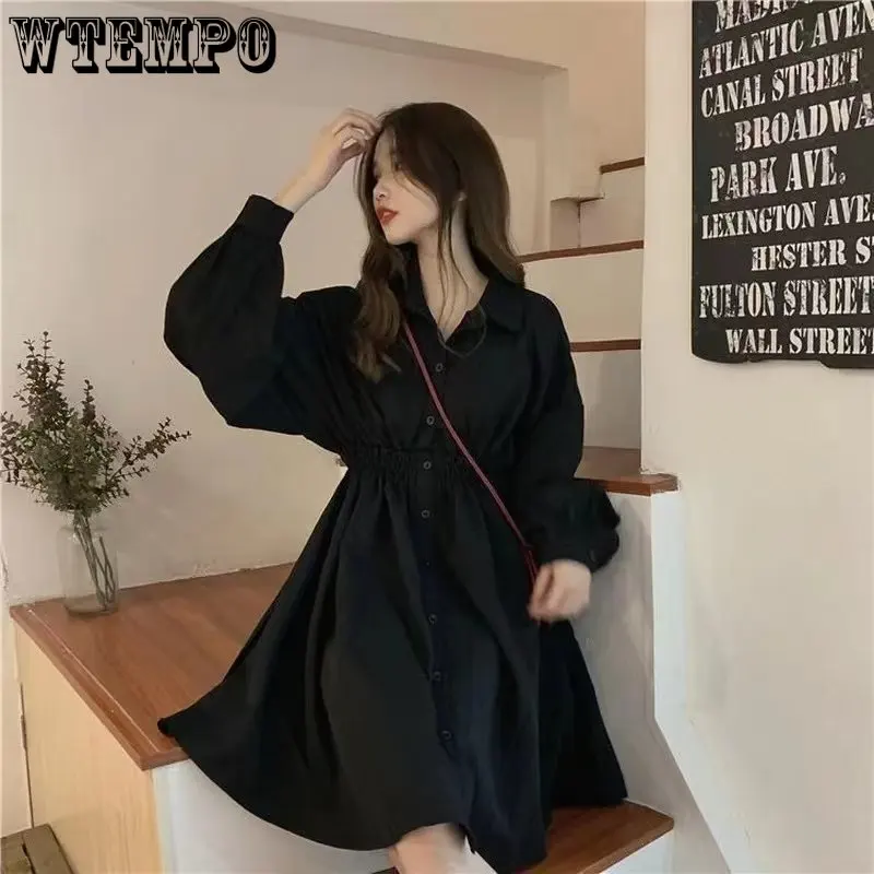 

WTEMPO Black White Shirt Dress Women Korean Style Polo Collar Long Sleeve Fashion Casual Solid Slim Wrap Mini Dresses Streetwear