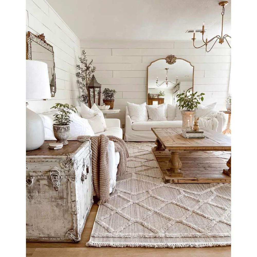 Malilinao Farmhouse Living Room Bedroom Modern Moroccan Trellis Area Rug-Soft Shaggy High Low Carpet-High Pile